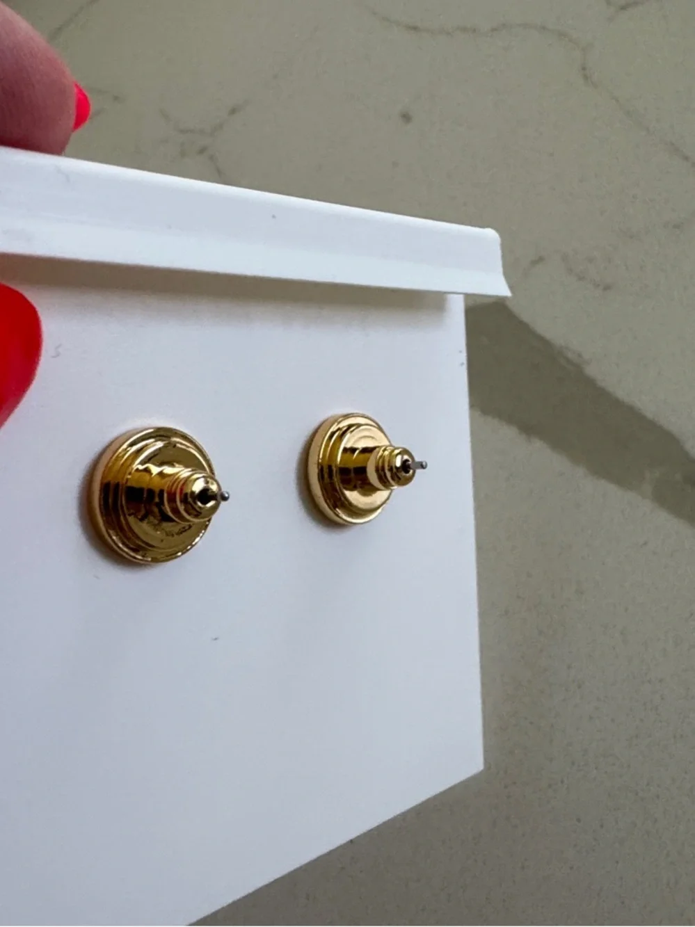 Gold Hexagon Stud Earrings with Pink Enamel Logo